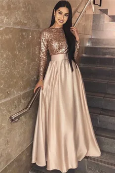 

Rose Gold Sequins Evening Dresses 2019 Long Sleeves Floor Length Long Prom Dresses Zipper Back Modest Women Formal Wear Dress