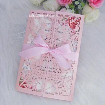 

Elegant Wedding Invitations with Ribbon Pink Tower Laser Cut Invitations Cards for Quinceanera Graduation 50pc/lot
