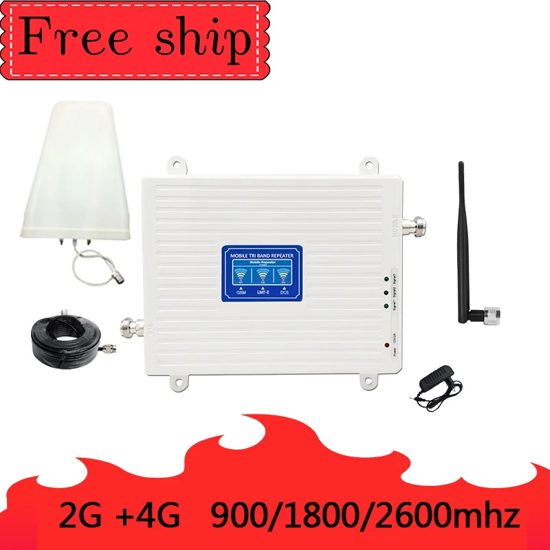 

900/1800/2600 Mhz 2G 3G 4G Mobile Phone Repeater 4G 2600Mhz Cellular Signal Booster Amplifier 70db Gain Whip Antenna