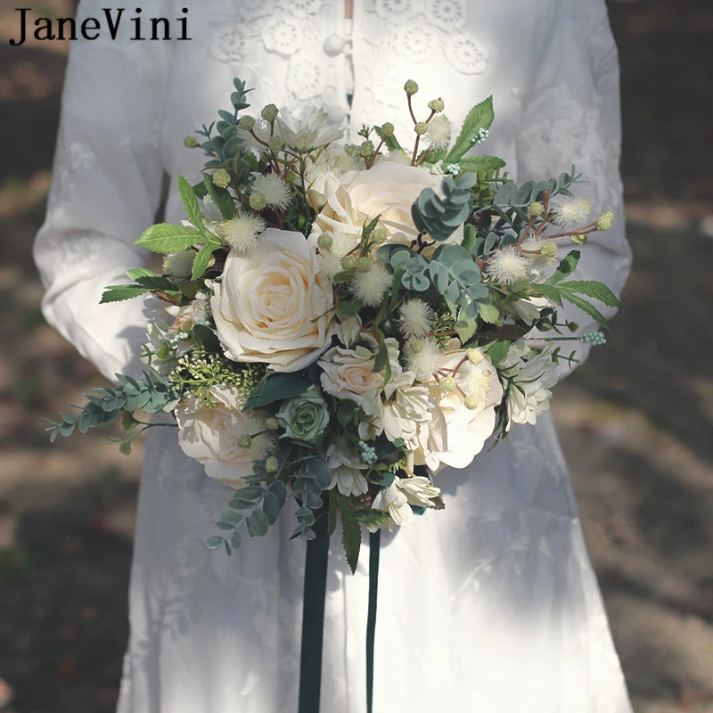 

JaneVini Vintage Wedding Bouquets Bohemian Garden Flowers Artificial Silk Roses Outdoor Bridal Fake Bouquet Ramo Flores Novia