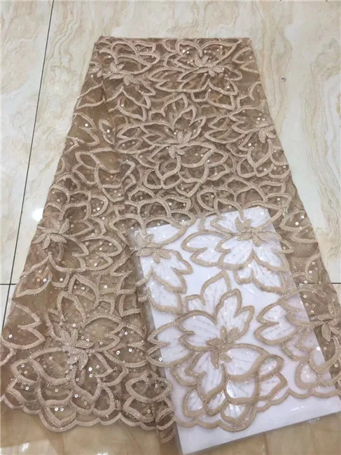 

French Net Lace Fabric 2019 Latest African Lace Fabric With Embroidery Mesh Tulle Champagne Gold Sequins Lace Fabric Material X6