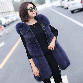 

Long Faux Fur 2018 new winter fur vest female long section imitation fox fur vest hooded stitching slim jacket overcoat