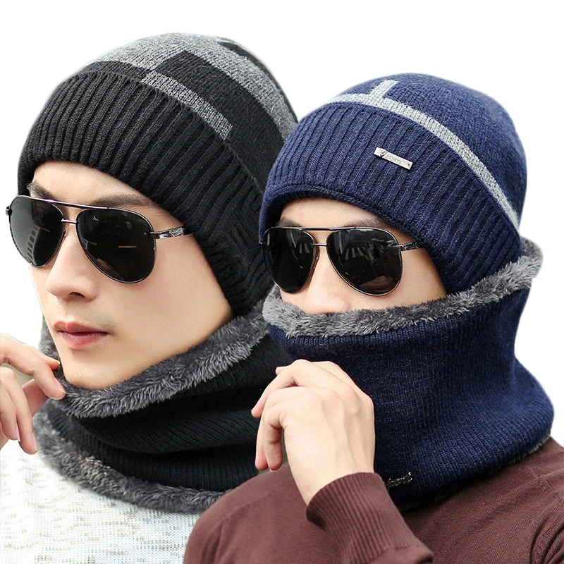 Fashion Hats Scarf Men Winter Wool Ski Hat scarf Set hooded Cap