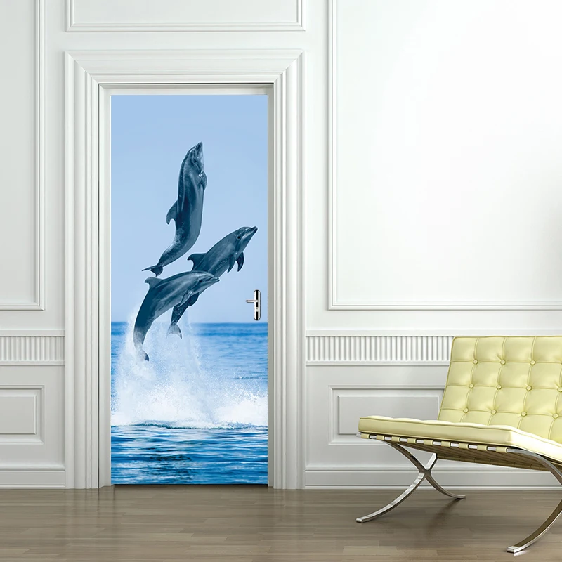 

Dolphins Door Sticker PVC Self Adhesive Waterproof Photo Wallpaper Wall Sticker Children's Bedroom Home Decor YMT016