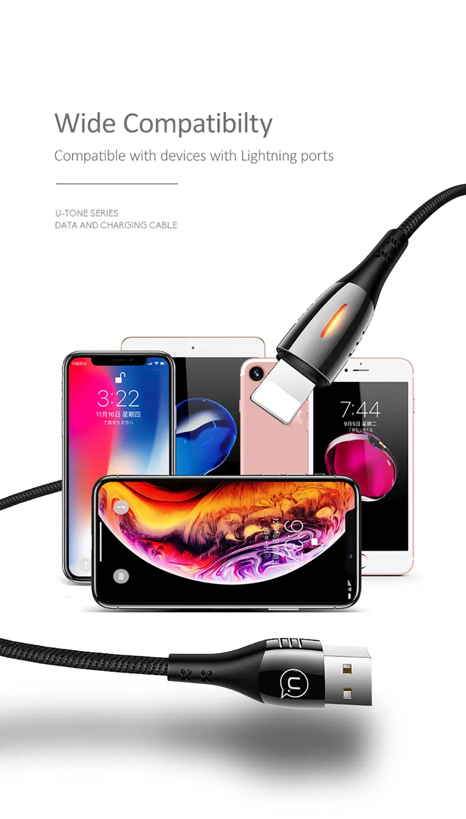 USAMS светильник ing автоматическое отключение кабеля для iPhone X Xr Xs 8 7 6 Plus светодиодный светильник USB кабель для iOS 12 11 10 9 кабели быстрой зарядки