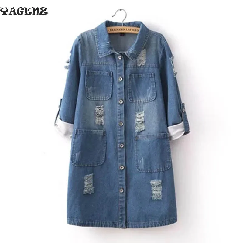 

2019 New Fashion Spring Autumn women long sleeve Roll Up jeans Coat female casual Vintage Loose long denim Jacket outerwear 5XL