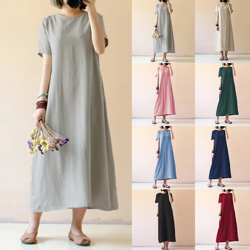 

Plus Size 5XL Summer Dress 2019 Celmia Women Short Sleeve Kaftan Long Dress Beach Cotton Linen Dress Casual Loose Vestidos