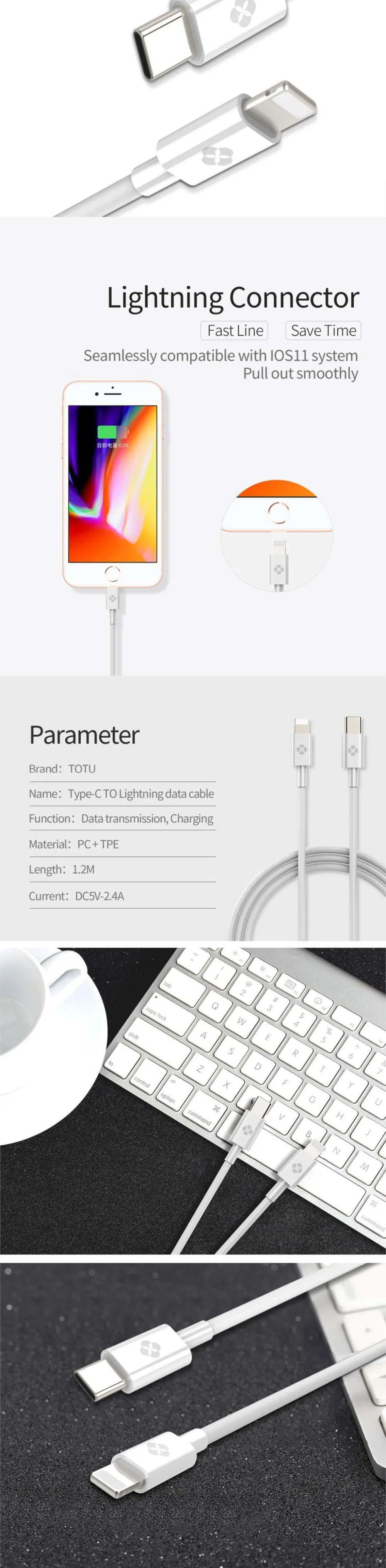 TOTU usb type C-8-контактный телефонный кабель для Lightning iPhone X, 8, 7, 6, 6S Plus, для Macbook, для iPhone, быстрое зарядное устройство, шнур OTG