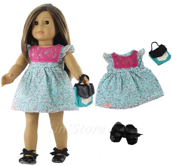 

3 PCS Set Doll Clothes Outfit Dress+bag+one pairs shoes for 18" inch American Doll a07