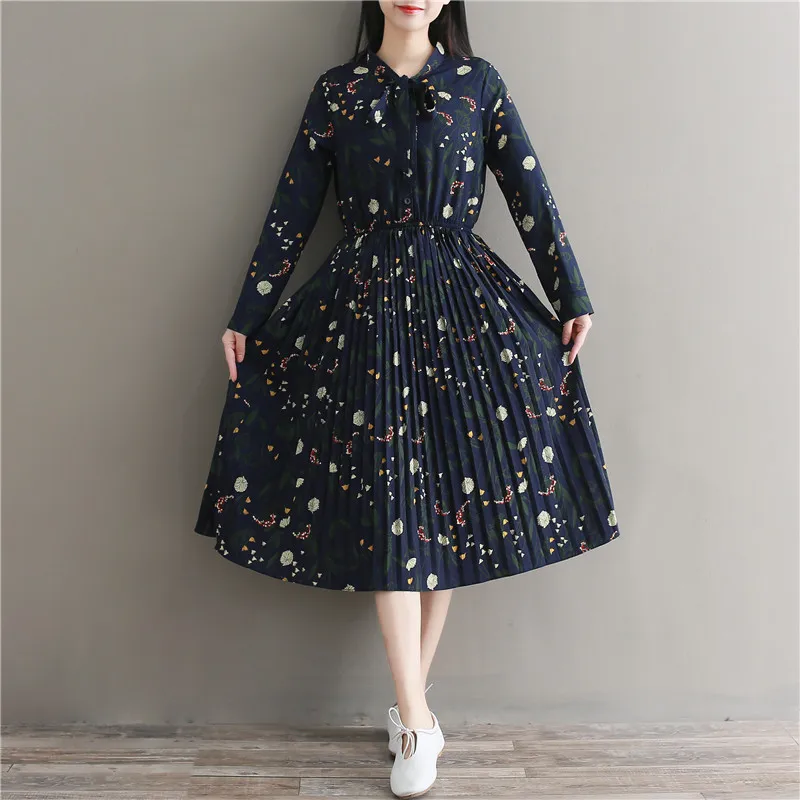

Mori Girl Spring Autumn Women Chiffon Dress Round Neck Floral Print Ruffles Pleated Vestido Full Sleeve Elegant Cute Dress S-2XL