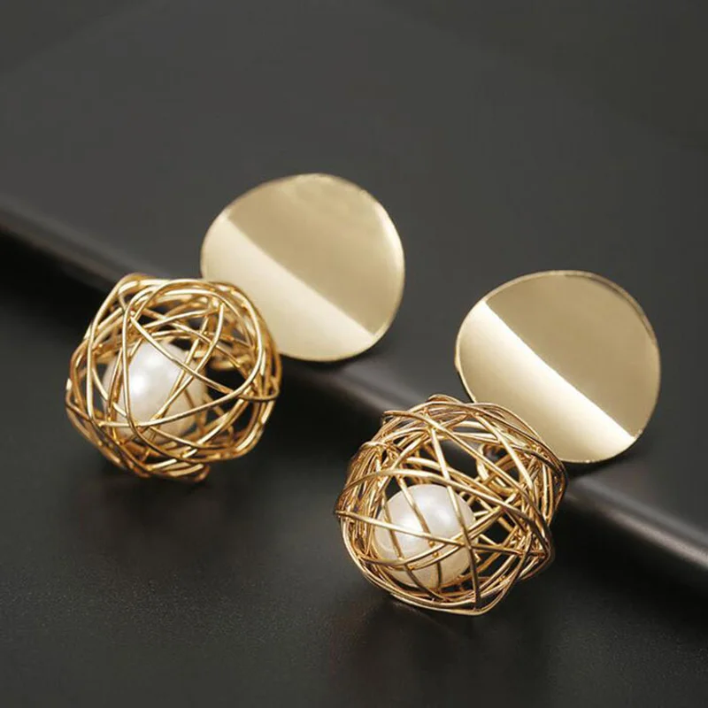 

Charmsmic Gold Color Round Pearl Ball Drop Earrings Hollow Geometric Irregular Hanging Earrings for Women Statement Jewelry