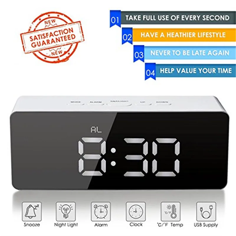 Alarm Clock Digital LED Display Portable Battery Operated Mirror Clock