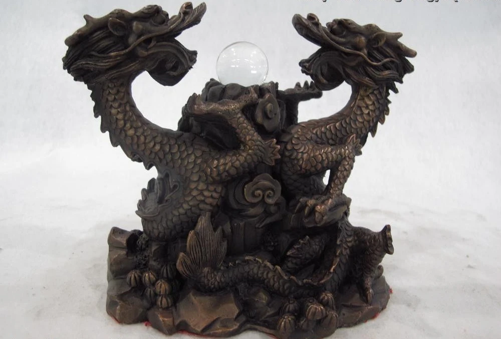 

5 Chinese Copper Red Bronze Home Use Feng Shui Two Dragon play Bead Art Statue
