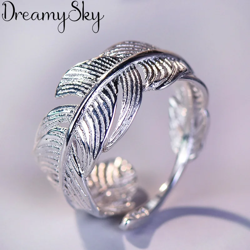 

Retro 925 Sterling Silver Feather Rings For Women Christmas Jewelry Antique Finger Open Rings Anillos