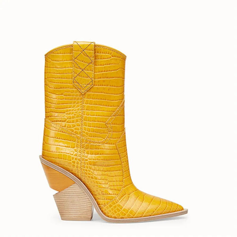 COCOAFOAL женские ковбойские ботинки; сезон весна-осень; ковбойские ботинки до середины икры в западном стиле; женская обувь; модные пикантные ковбойские ботинки на высоком каблуке с острым носком - Цвет: Цвет: желтый
