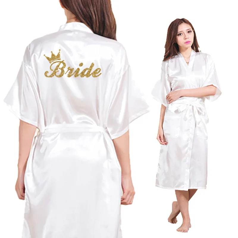 Невесты корона Команда Невесты золотой блеск печати Длинная секция кимоно халат для женщин девичник Свадебный халат из искусственного шелка