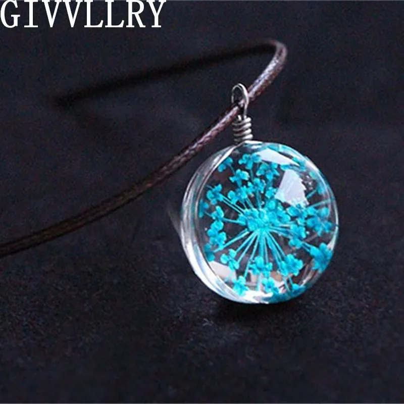 Fashion Crystal Glass Ball Blue Green Lace Dry Flower Necklace Long Strip Leather Chain Pendant Necklaces