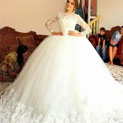 Винтажное кружевное бальное платье принцессы, свадебные платья с круглым вырезом и длинными рукавами, элегантная аппликация, Тюлевое