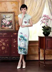 Шанхай история Топ-класс Длинные cheongsam Lotus cheongsam qipao платье Китайская традиционная одежда белый восточные платья