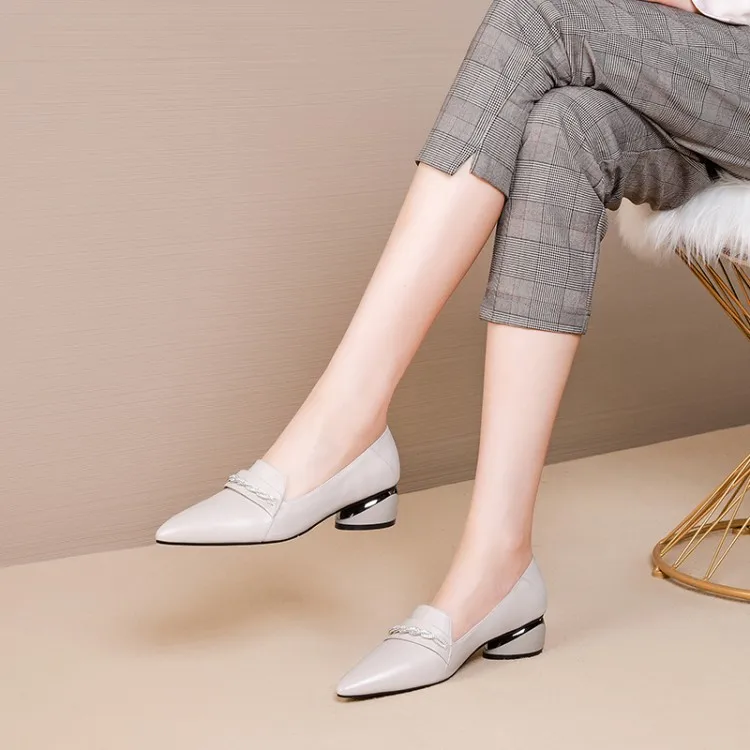 

MLJUESE 2020 women pumps cow leather autumn spring black color chains pointed toe high heels lady shoes party wedding size 34-40