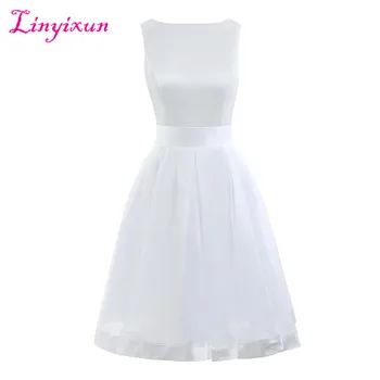 

Linyixun Real Photo New Arrived Short Satin Homecoming Dresses Pleat Scoop Sleeveless Knee Length Sexy Back Prom Dresses 2017