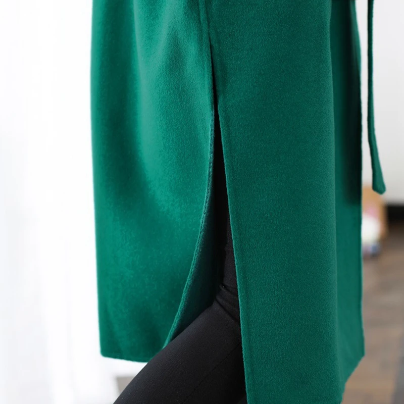 Женские шерстяные пальто двухстороннее шерстяное пальто тонкое и тонкое модное зимнее длинное кашемировое пальто зеленого цвета