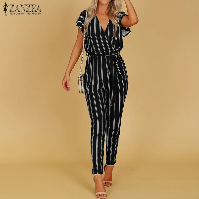 S 5XL ZANZEA 2020 Summer Sexy Deep V Neck Party Jumpsuit Women High Waist Striped Overalls Short Sleeve Long Turnip Bodysuit S 5XL ZANZEA 2020 Summer Sexy Deep V Neck Party Jumpsuit Women High Waist Striped Overalls Short Sleeve Long Turnip Bodysuit