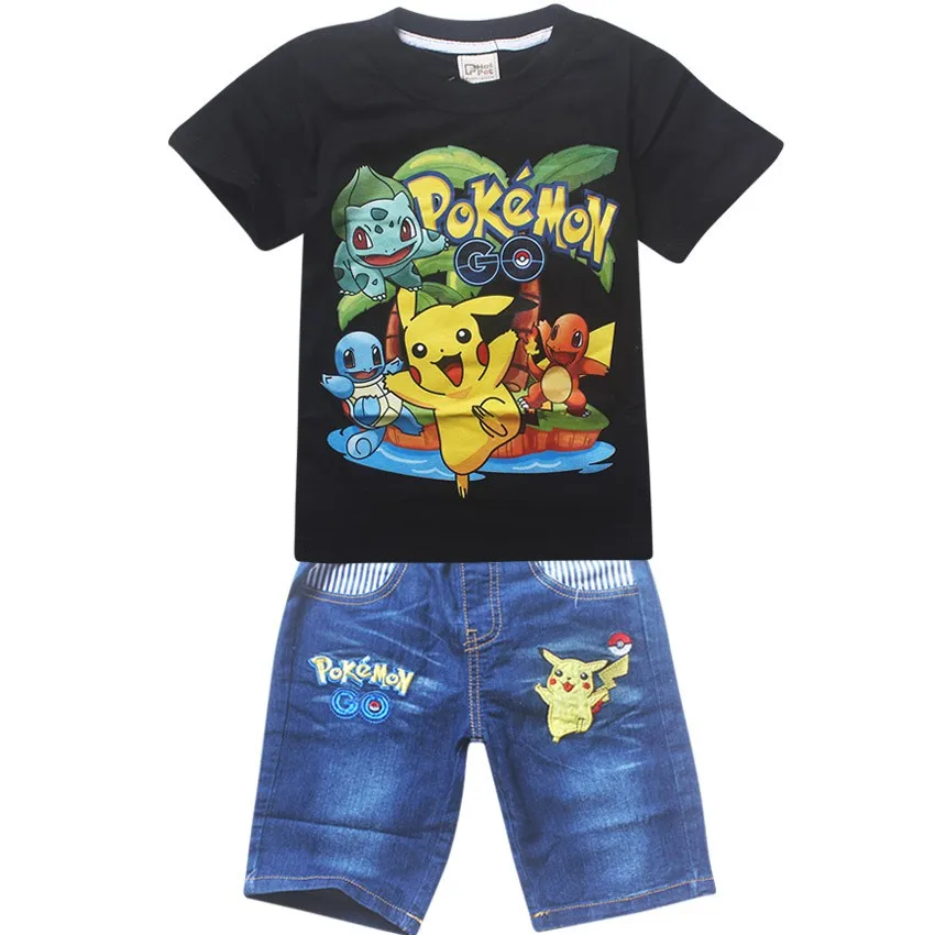 T-shirts + Calças de Brim Terno para Meninos Camisetas de Algodão Novo Menino Camisa Pokemon go Cartoon Crianças Pikachu Meninas Conjuntos 2020 t 7 2017 novo menino t camisa pokemon go