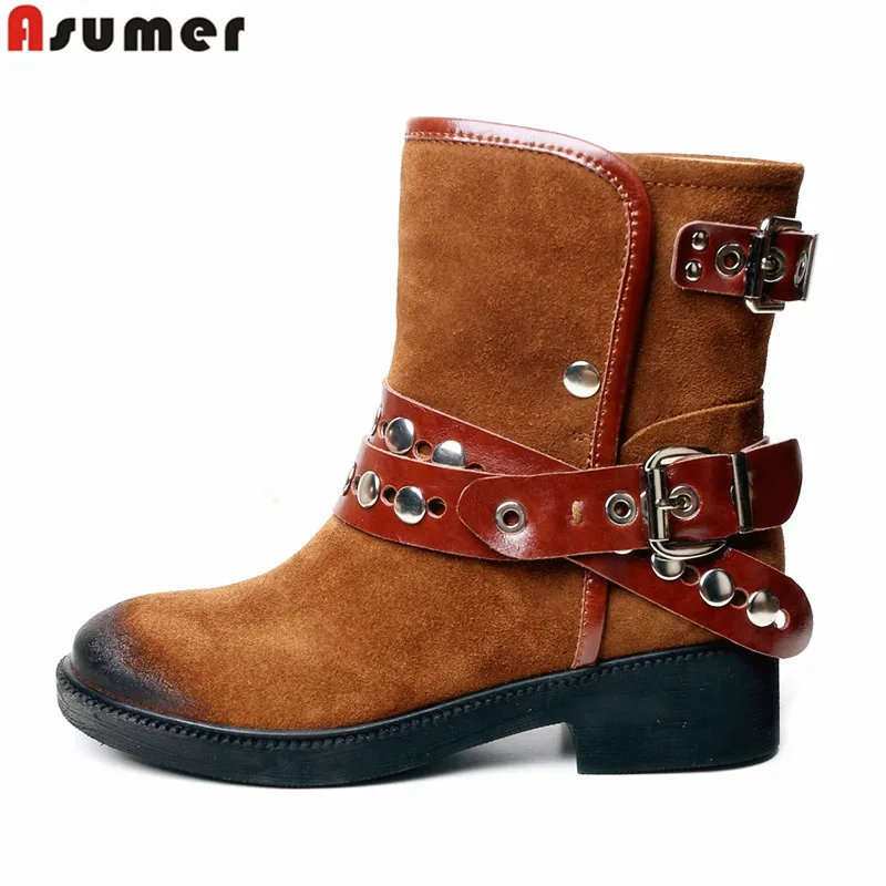 

High quality full genuine leather boots round toe buckle autumn winter riding martin boots punk women ankle boots
