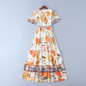 

Runway 2019 spring and summer new bohemian leisure holiday elegant dress fashion bright flower print slim dress high quality