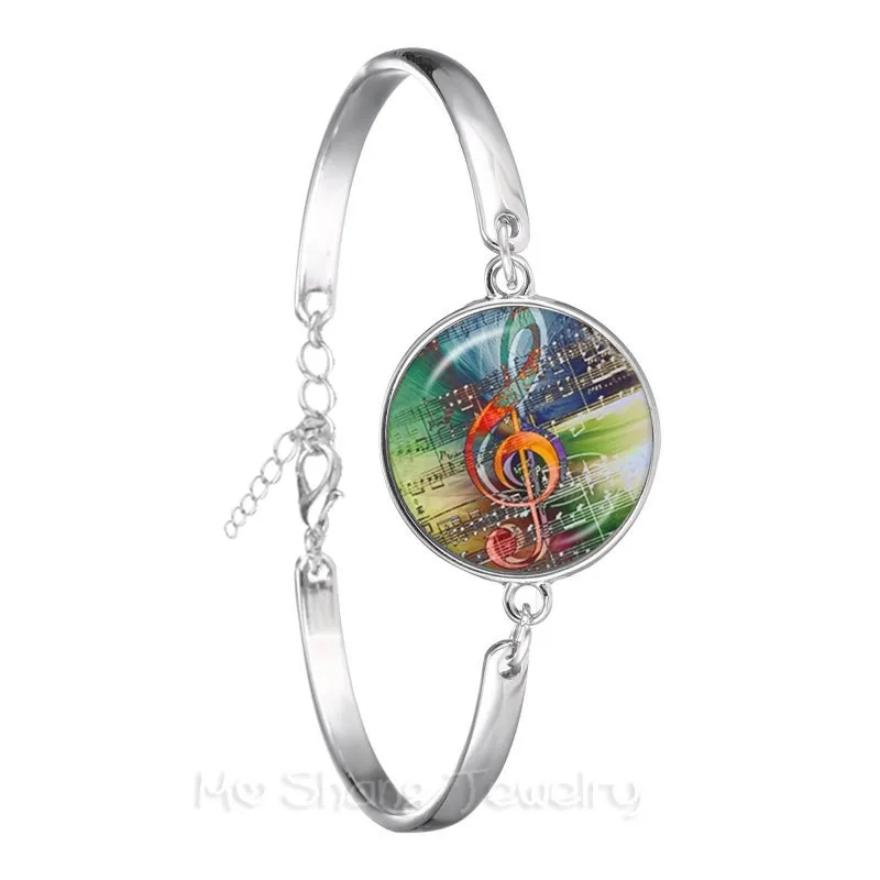 Браслет со стеклянным куполом и клавиатурой пианино посеребренный браслет