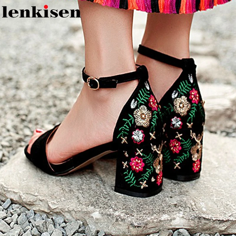 

Lenkisen kid suede vintage retro buckle straps embroidery women oriental sandals peep toe high heels ethnic leisure shoes L34