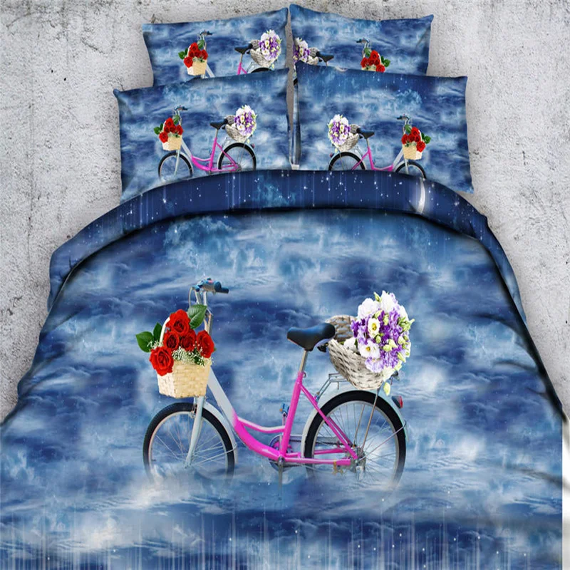 

Romantic Blue Bedding Sets 3D Rose Flower Bicycle Print Duvet Cover Twin Full Queen King Size Bedlinen 3/4pc 500TC Adult/Girls