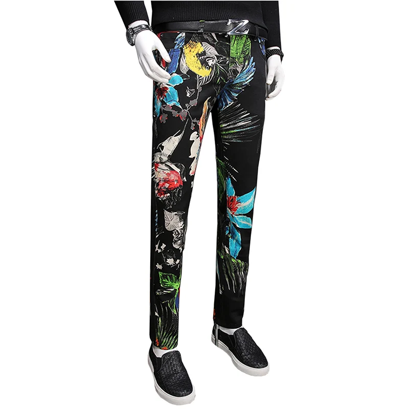 

2017 Brand New Men Casual Print Close-fitting Pants Fashion Slim Fit Jeans Bright Light Elasticity Pants