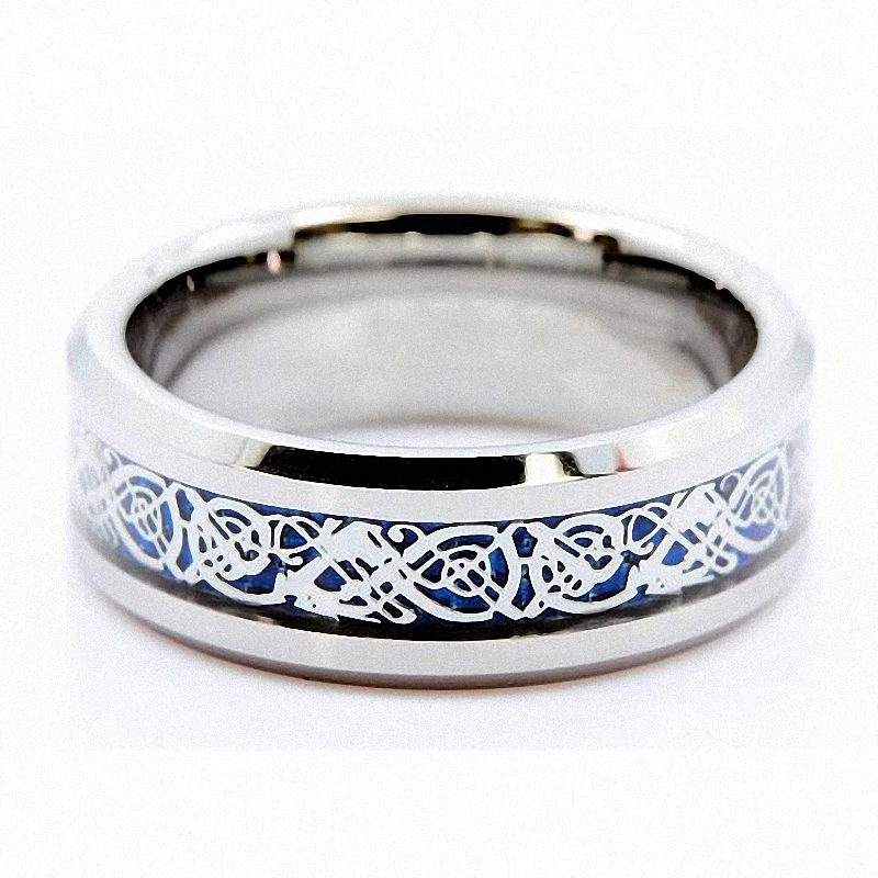 blue-ring-set-matching-tungsten-wedding-bands-Silver-Celtic-Dragon-Inlay