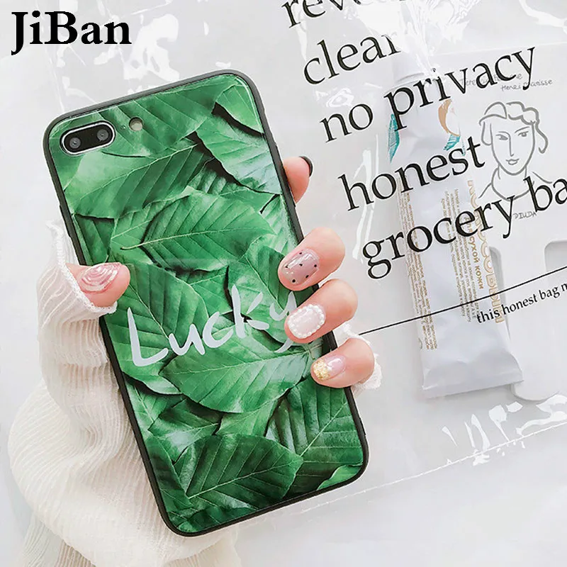 JiBan For iphone X Luxury Tempered Glass Phone Cases Fashion Summer Letter Plant Banana Leaf Back Cover 6s 7 8 Plus |