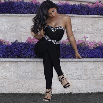 

2018 New Fashion Sexy Black Sexy Strapless Beading bandage Jumpsuit Backless Elegant Bodycon Celebrity Women Beads Clubwear