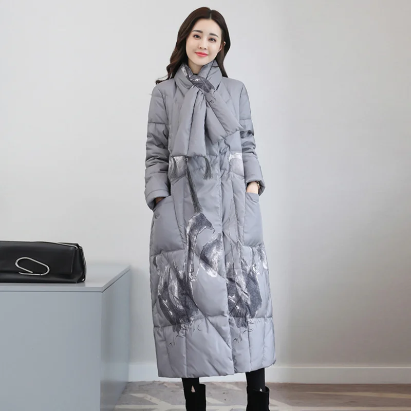 High Quality Winter Women's Ink and wash printing Chinese Style Vintage Long Down Coat