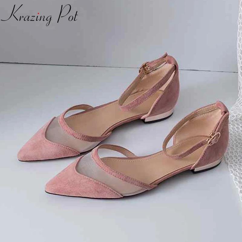 

Krazing Pot sheep suede low heels pointed toe breathable British style sexy air mesh custom made candy sweety girls pumps L03