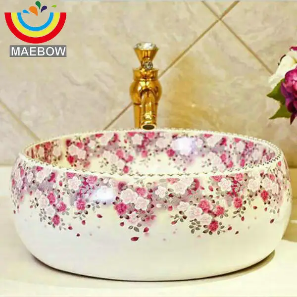 Pink Flowers Liner Countertop Lavobo Ceramic Bathroom Bowl Sink Wash