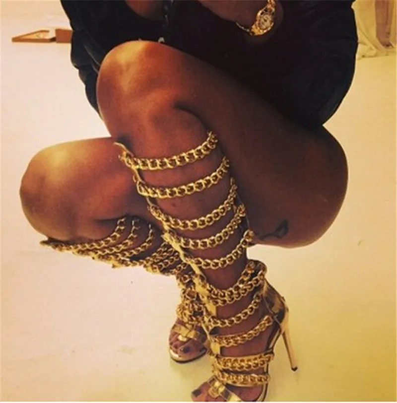 Sexy Golden Chains Women Knee High Boots Designer Leather Thin High Heels Gladiator Sandals Women Summer Boots Shoes Woman Botas Sexy Golden Chains Women Knee High Boots Designer Leather Thin High Heels Gladiator Sandals Women Summer Boots Shoes Woman Botas