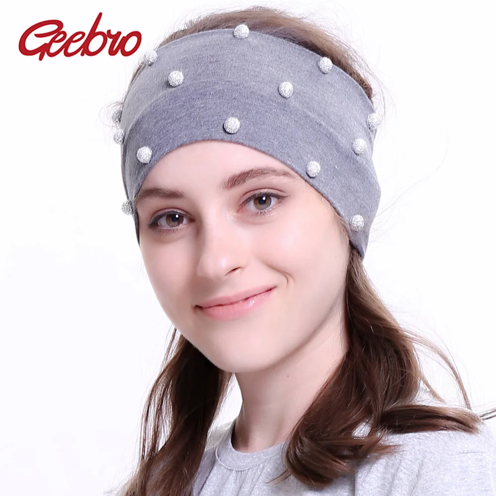 Geebro Women Silver Pearls Hair Headband Ladies Plain Color Elastic