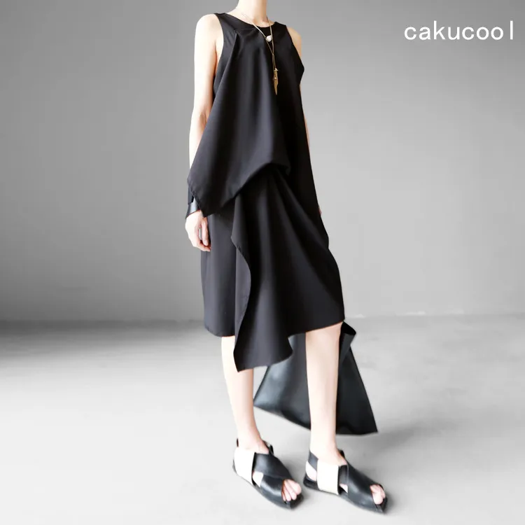

Cakucool Black Sleeveless Dress Women Summer O-neck Casual Loose Tank Vestido 3D Cut Oversize A-line Designer Dresses