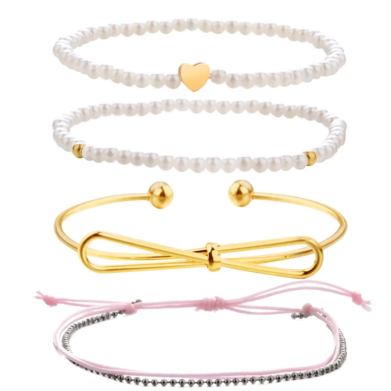 4 Pcs/Set Pearl String Bow Love Bracelet Stainless Steel Stylish Style Cuff Bracelets Personalized Gifts For Friends | Украшения и