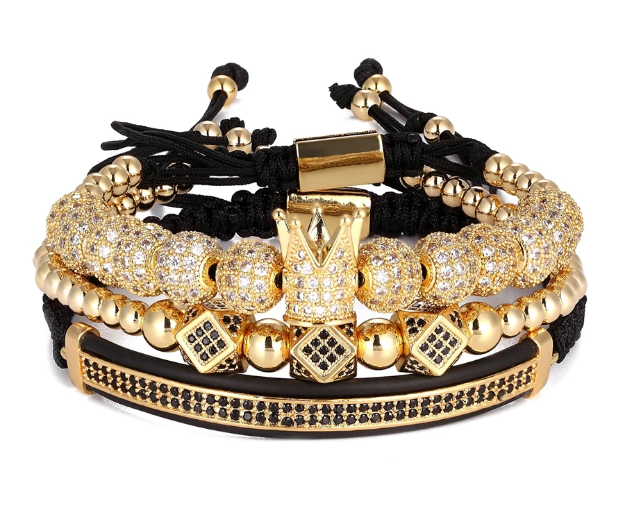 Top Quality Luxury Jewelry 3pcs/Set Bracelet Hip Hop Gold Jewelry Cubic Micro Pave CZ Crown Bead Bracelets For Men Women Gift