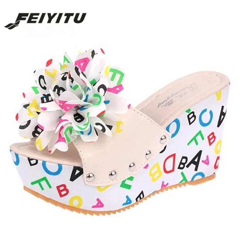 

feiyitu Summer High Heel slipper flowers platform wedges women slippers fashion flip flops bohemian national style women shoes