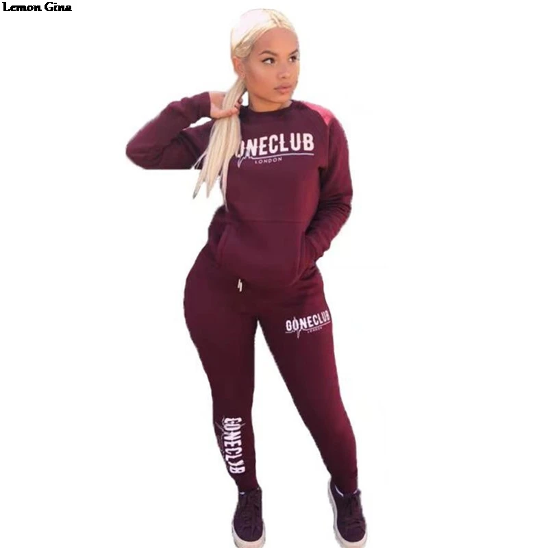 Lemon Gina Letter Printed long sleeve with kangaroo pocket pullovers pencil pants suits two piece set sporty tracksuit A1108 |