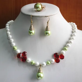 

engagement! Wholesale Women's 8mm white and grass green pearl mixed red crystal Necklace earring ring(7/8/9) jewelry set #238