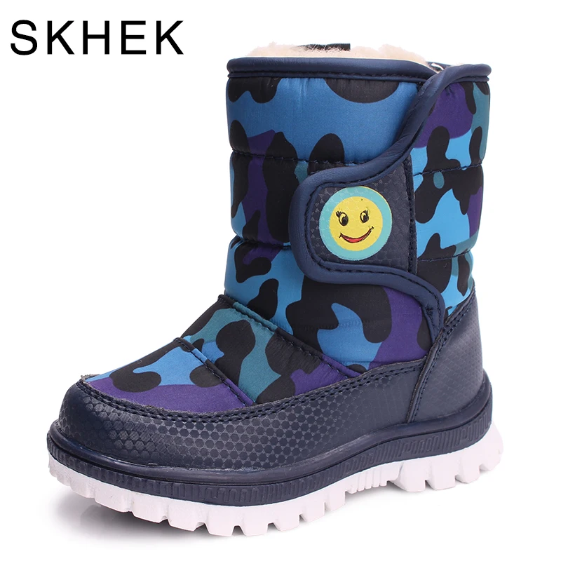 

SKHEK Boots For Girls Warm Rubber Boot Boys Plush Winter Children Blue Shoes Buckle Fur Boots For Girls Flat Rubber Boot Kids