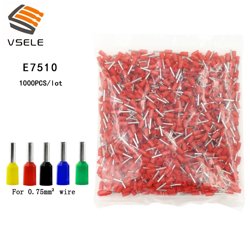 VSELE E7510 0.75mm2 трубки изолированные клеммы 1000 шт./упак. изолированный кабель провода